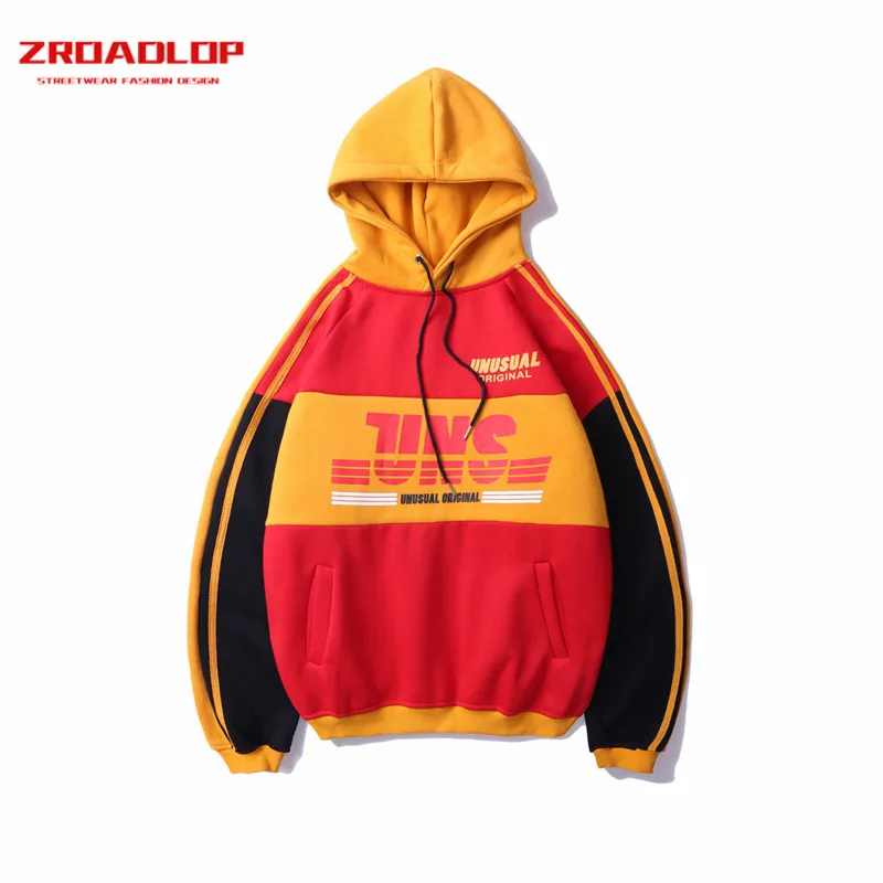 2019 Color Block Patchwork Printed Fleece Hoodies Streetwear Men Hip Hop Casual Pullover Sweatshirts Male Hoodie Tops
