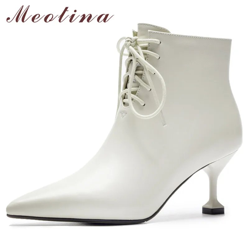 

Meotina Genuine Leather Ankle Boots Women Lace Up Kitten High Heels Short Boots Real Leather Zipper Shoes Lady Autumn Size 33-40
