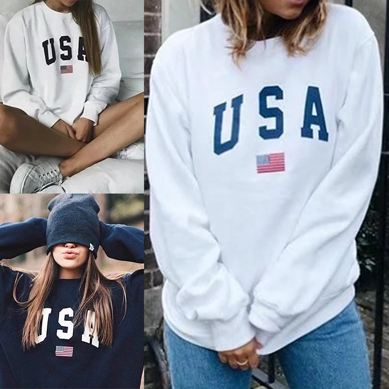 Women Casual Pullover USA Letter Print Long Sleeve Hoodie