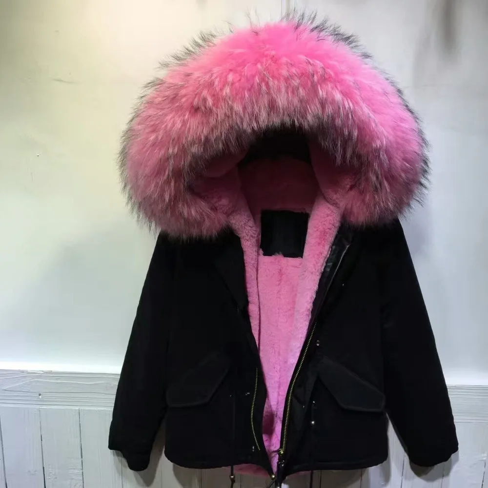 Black Parka Pink Fur Shell Winter Short Faux Fur Parka Ladies Nice Wear