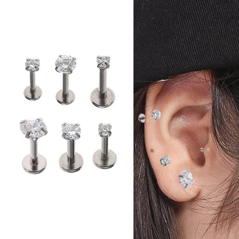 

1 Pc Silver Lip Ring Zircon Anodized Internally Threaded Prong Gem Monroe Tragus Helix Ear Piercing Earring women Freeshipping