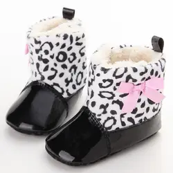 Leopard искусственного фу теплая зима детская обувь для новорожденных девочек детские сапоги PreWalker шерстяные пинетки для малышей розовый лук
