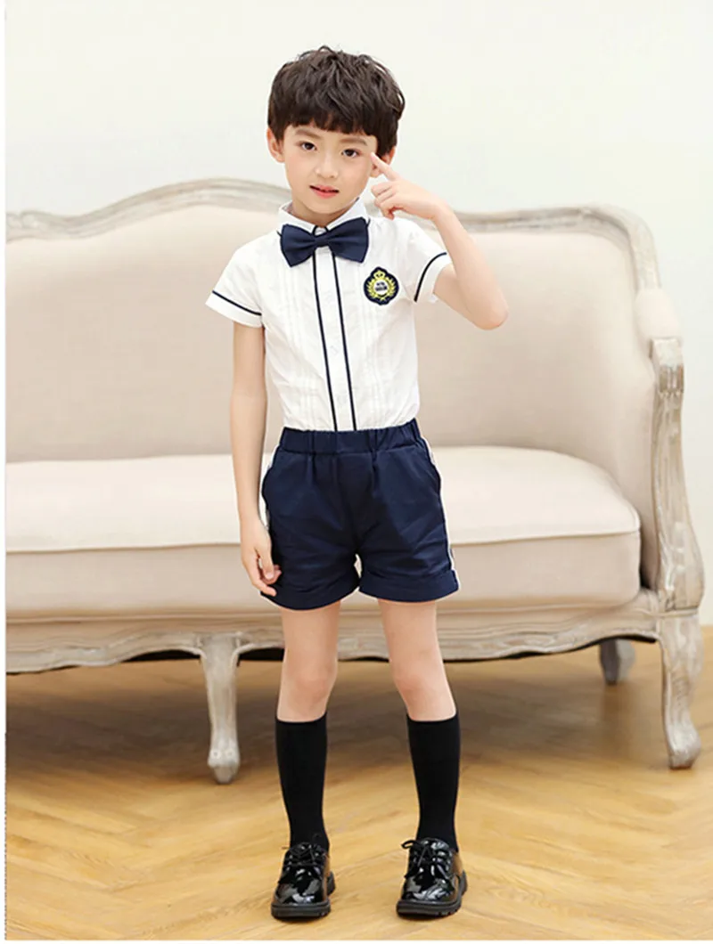 Комплект детской одежды для учащихся начальной школы, японская школьная форма для девочек и мальчиков, летняя рубашка для детского сада+ темно-синяя юбка+ бант - Цвет: Коричневый