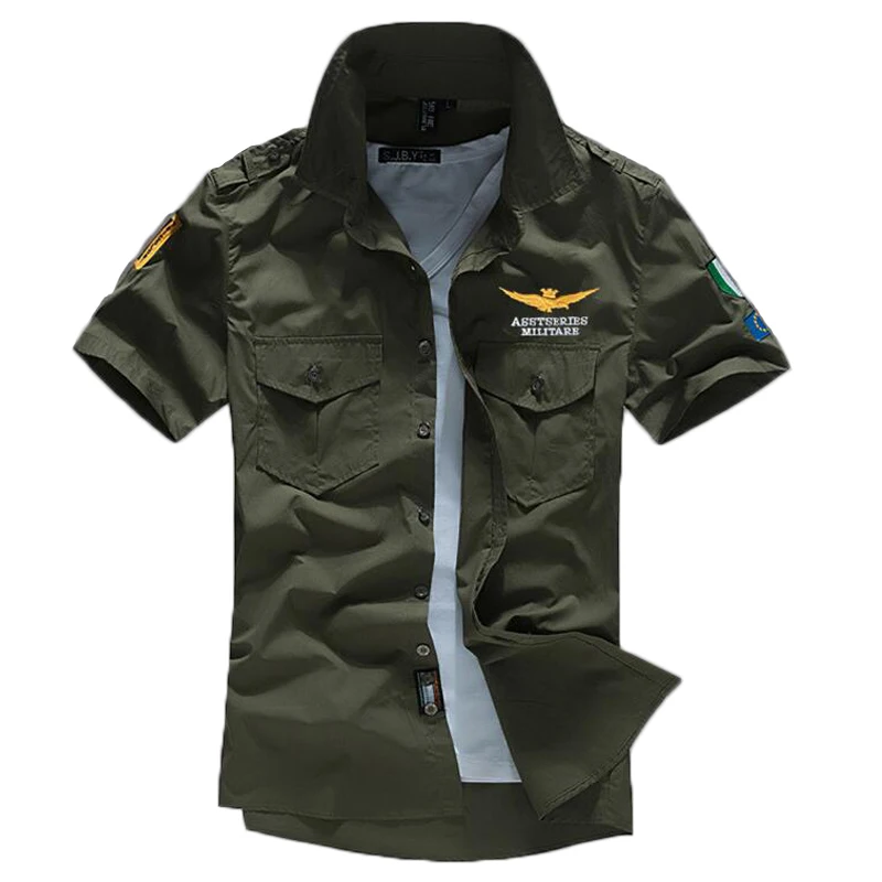 

100% Cotton Shirts Men Air Force Embroidered MA1 Short Sleeve Shirt Mens Army Green Summer Camisas Chemise Homme Blusas Shirt