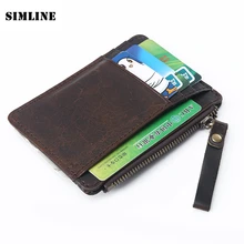 SIMLINE Винтаж натуральная кожа кредитной держатель для карт коровьей Для мужчин Для женщин тонкий ID Держатели молния кошелек для монет Mini Wallet Case