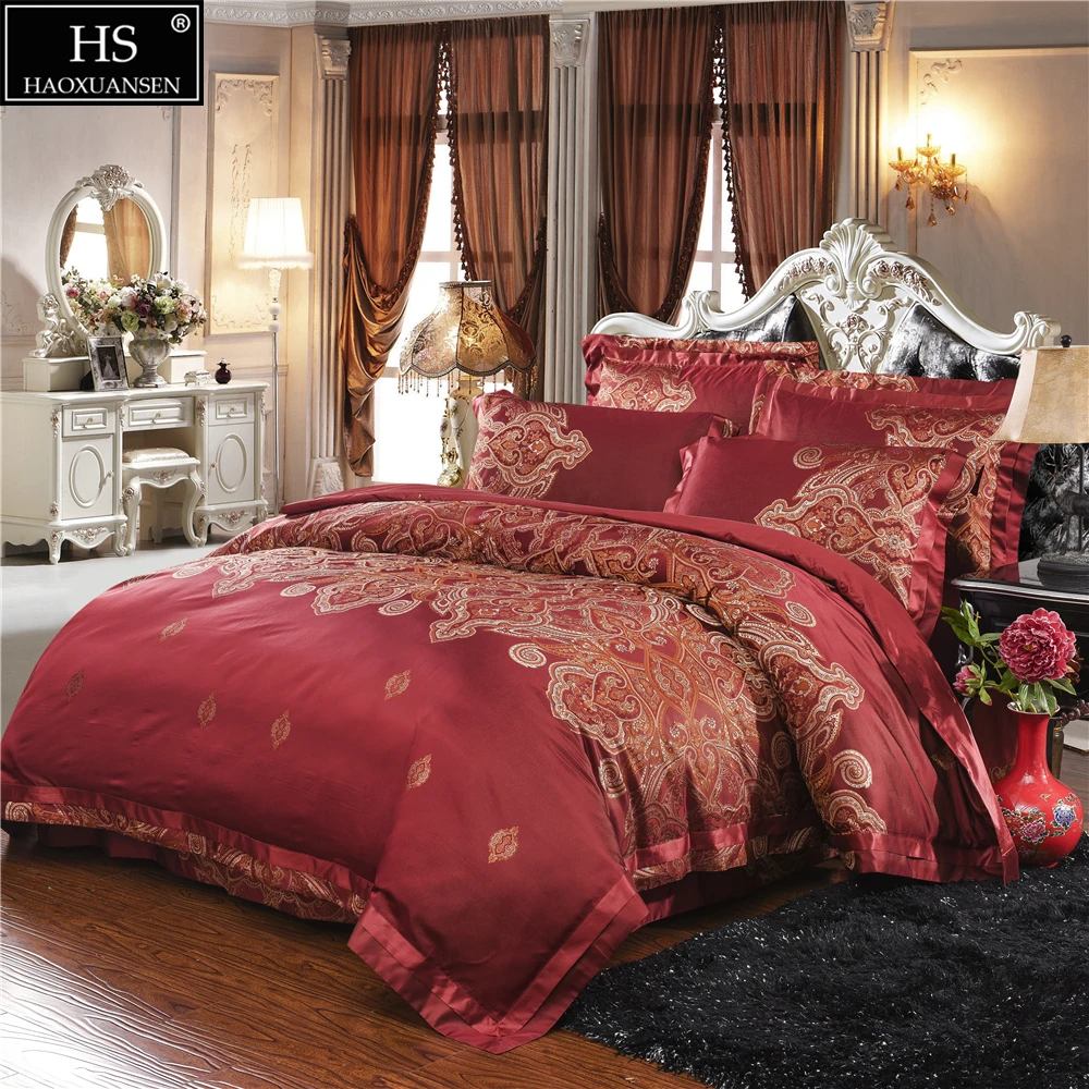 HS European Style Jacquard Satin 28 Momme Mulberry Silk 4Pcs Bedding