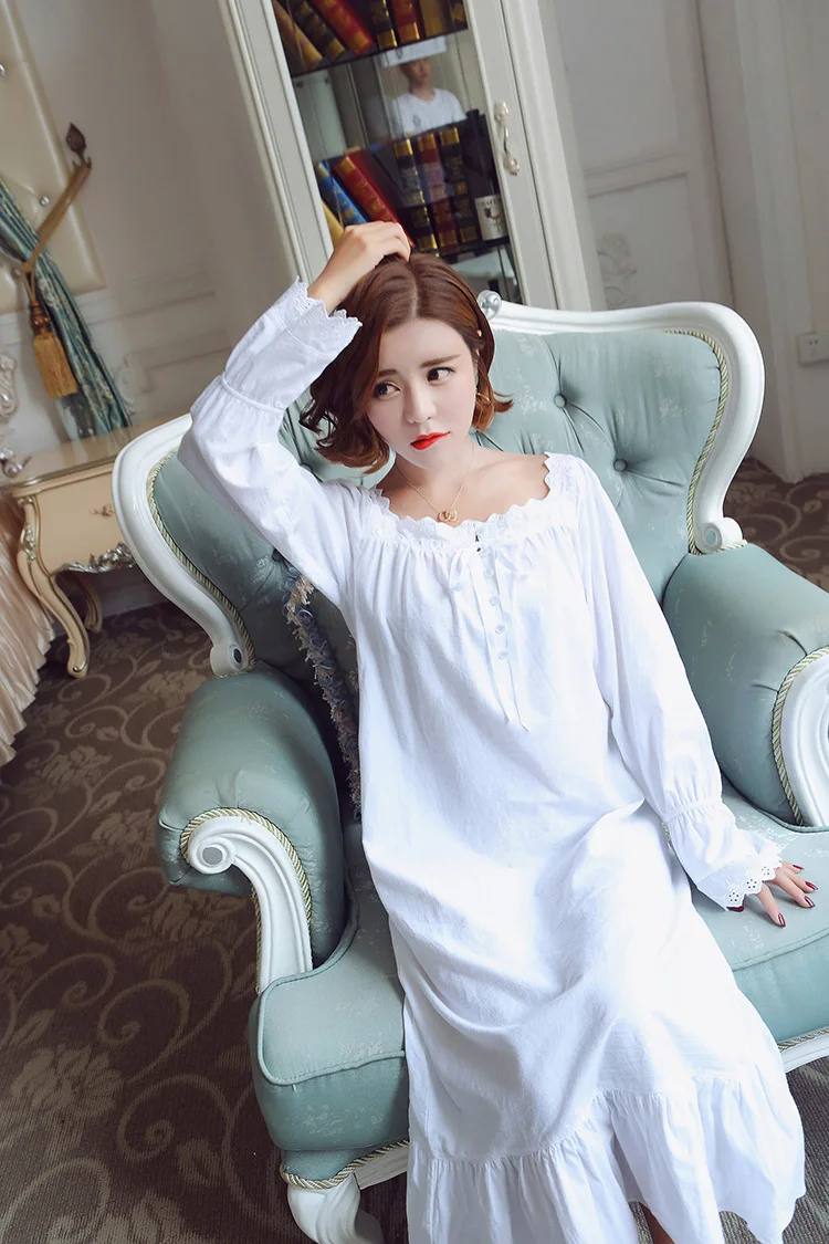 Осень для женщин пикантные пижамы корейский прекрасный белый с длинным рукавом ночная рубашка "Принцесса" дворец ретро хлопок плюс размеры