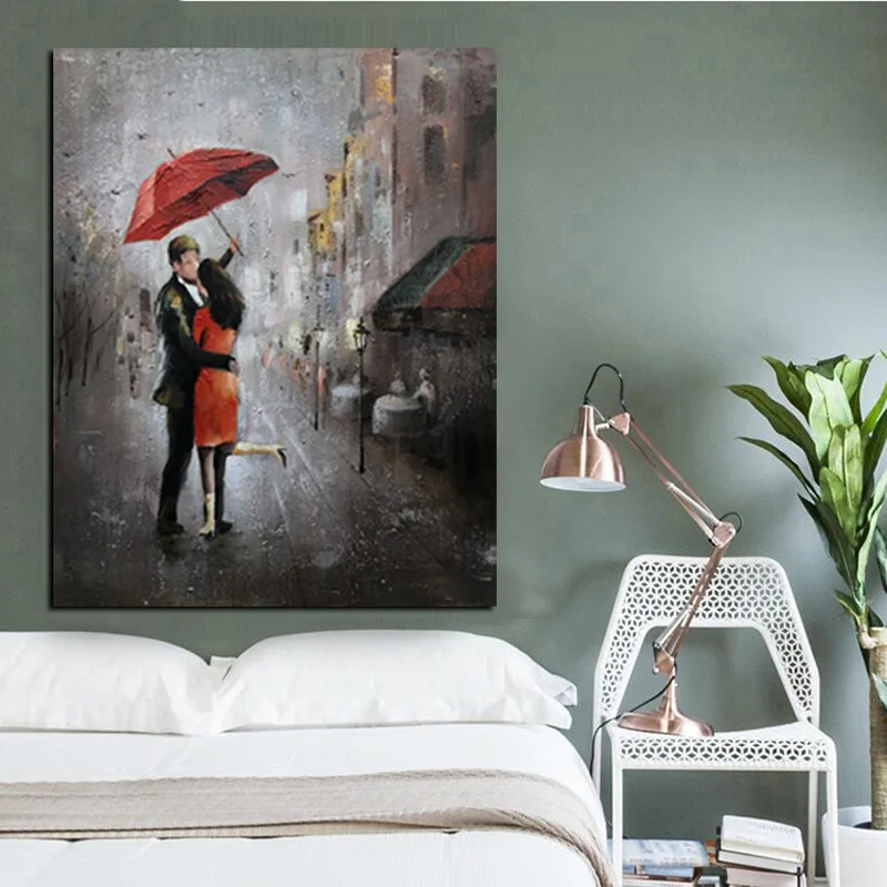 HD Print Wall Art Romance Couple Rain Day Street Landscape Poster Oil Painting on Canvas Modern Wall Picture For Living Room