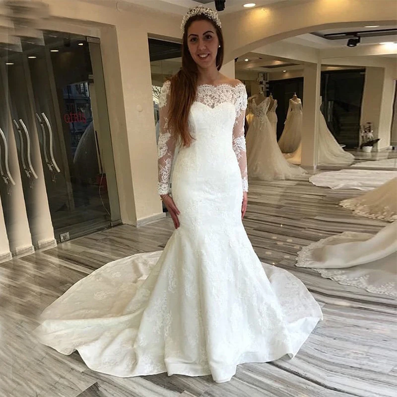 

Off The Shoulder Vintage Long Sleeves Wedding Dress White Ivory Mermaid Style Chapel Train Custom Made Vestido De Novia