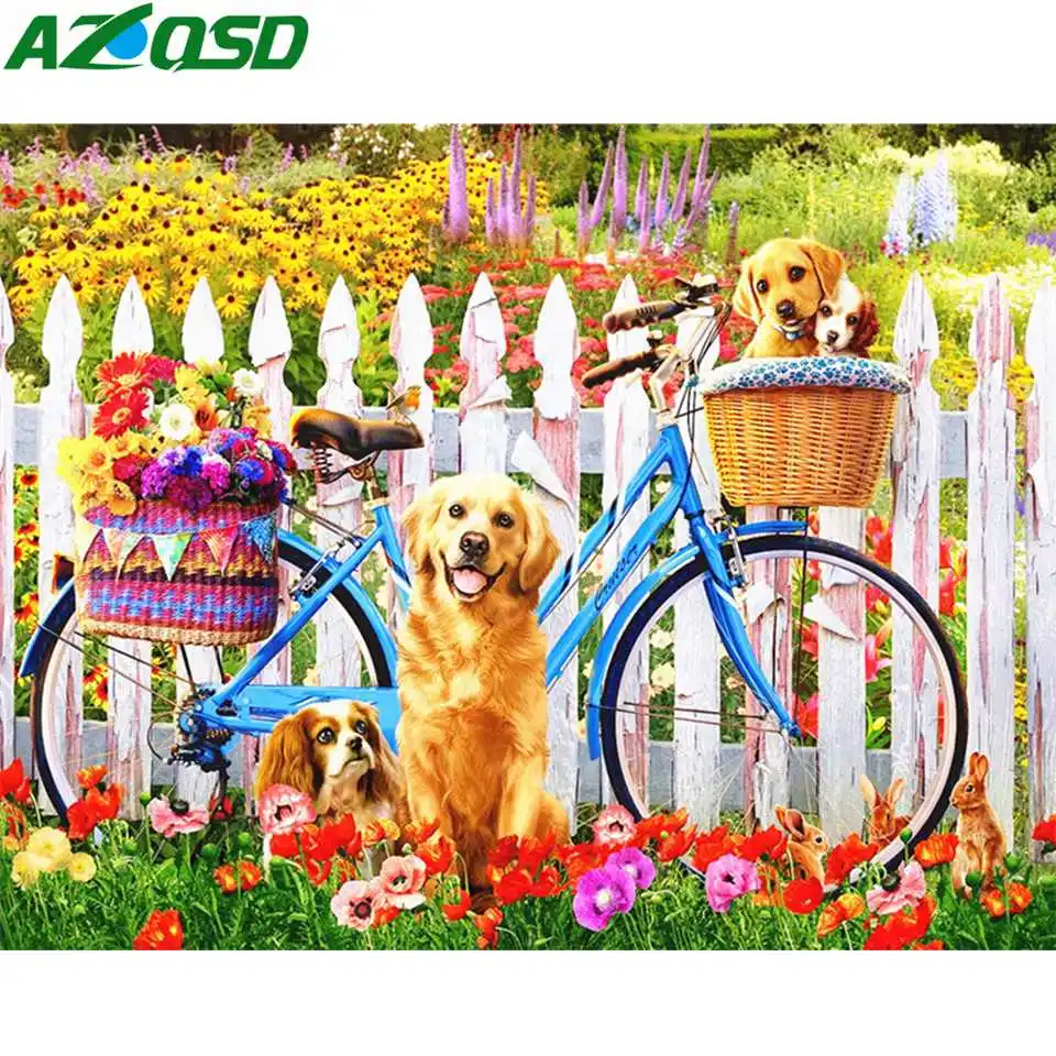 

AZQSD Diamond Painting Bicycle Dog Cross Stitch Kits Diamond Embroidery Scenery Full Square Rhinestones Pictures Gift Home Decor