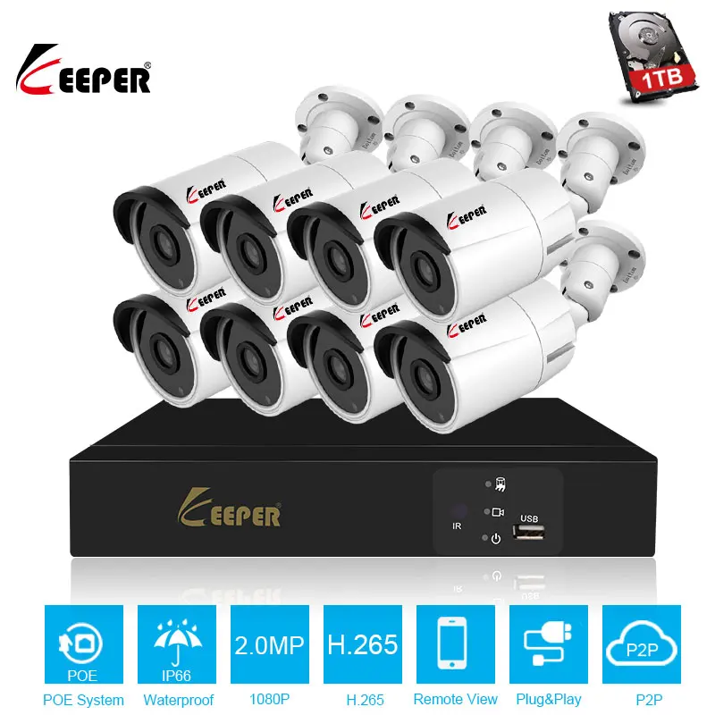 Prix Gardien H.265 8CH POE NVR Kit 2MP 1080 p Caméra De Sécurité CCTV Système de Caméra IP Extérieure IP66 Imperméable P2P Onvif surveillance Ensemble