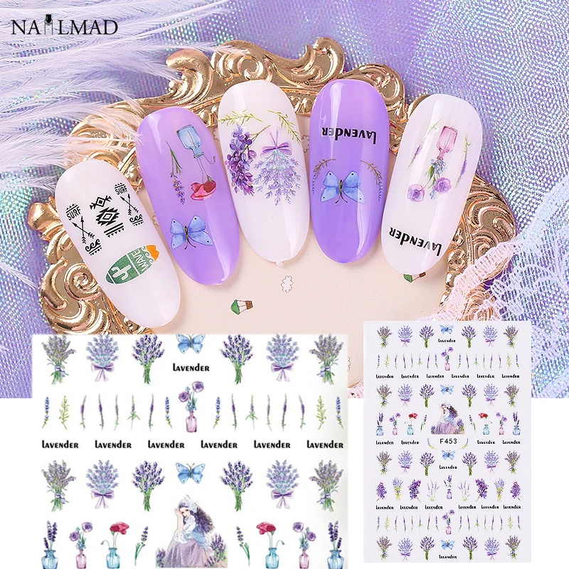 1 лист NailMAD цветок лотоса стикеры 3D на ногти Nail Art Лаванда Единорог Полный ногтей переводные наклейки на ногти Мандала