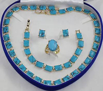 

turquoise necklace bracelet earring ring set18K gold plated watch wholesale Quartz stone CZ crystal