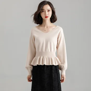 

5 Colors Women V neck Knitted Sweater Autumn Winter Female Loose Lantern sleeve Pullover Ruffled hem Solid Femme Pull Jumper Top