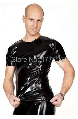 

Black Sexy Latex T shirt short sleeves Rubber undershirt round collar plus size Pull On Top Fetish latex Tee shrit