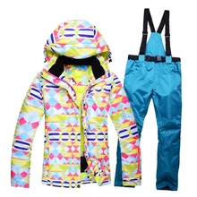 Высокое качество Для женщин Лыжный Спорт куртки брюки сноуборд устанавливает толстые теплые зимние женские Цветной печатных лыжный костюм с капюшоном ветровка пальто