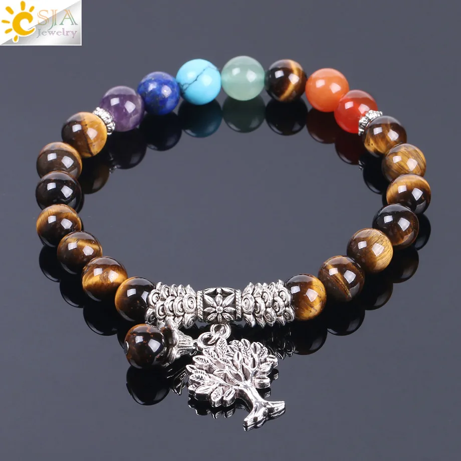 Bracelet œil de tigre pour hommes, perles en pierre naturelle, 7 chakras, corde élastique, couleur argent, arbre de vie, bijoux bracelet pierre naturelle bracelet pierre naturelle femme bracelet perles pierre naturelle