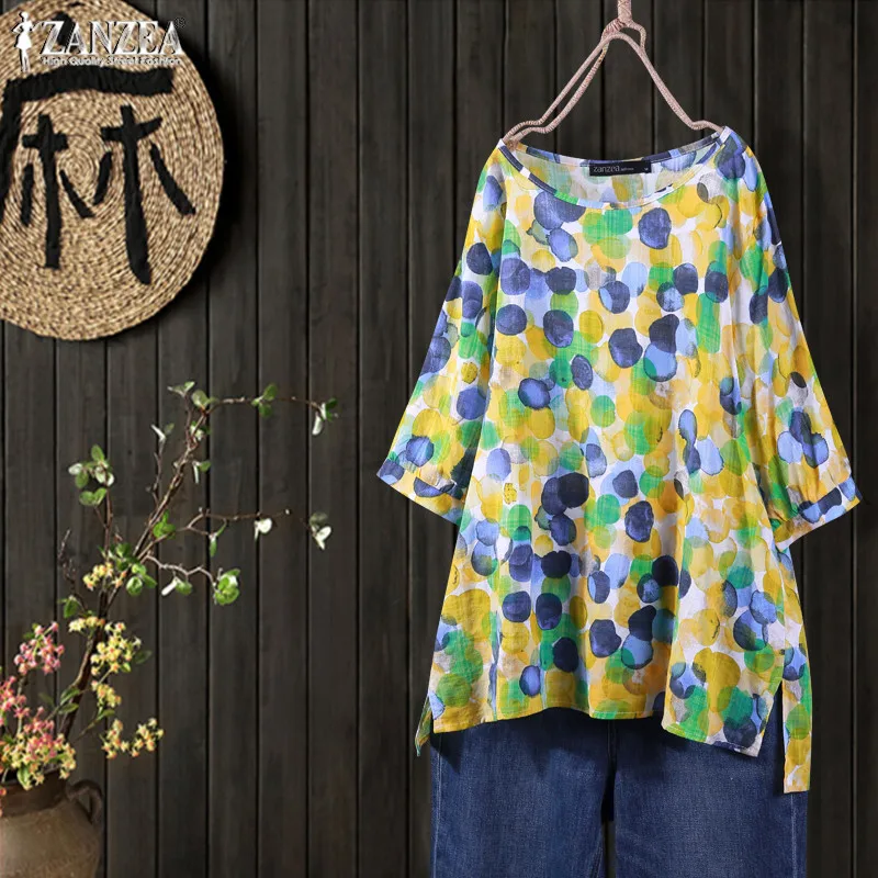 Women Vintage Printed Shirt ZANZEA Autumn Polka Dot Half Sleeve Blouse Casual Tunic Top Female Loose Blusas Femininas Summer Tee