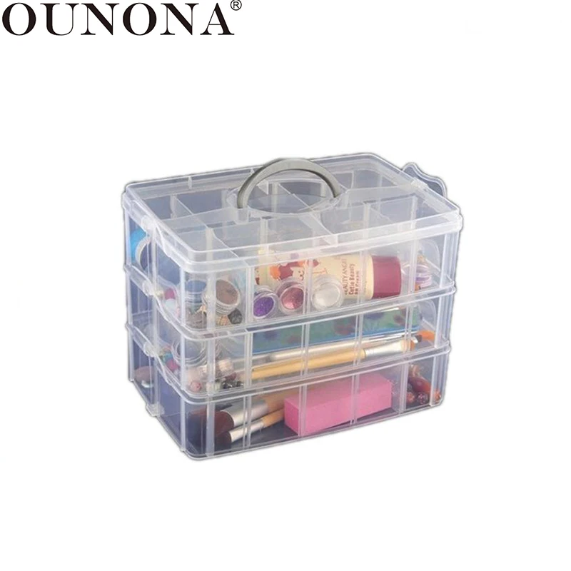 

OUNONA Handheld 3-Layer 30 Grids Detachable Plastic Makeup Cosmetic Jewelry Storage Case Box Holder Organizer Container