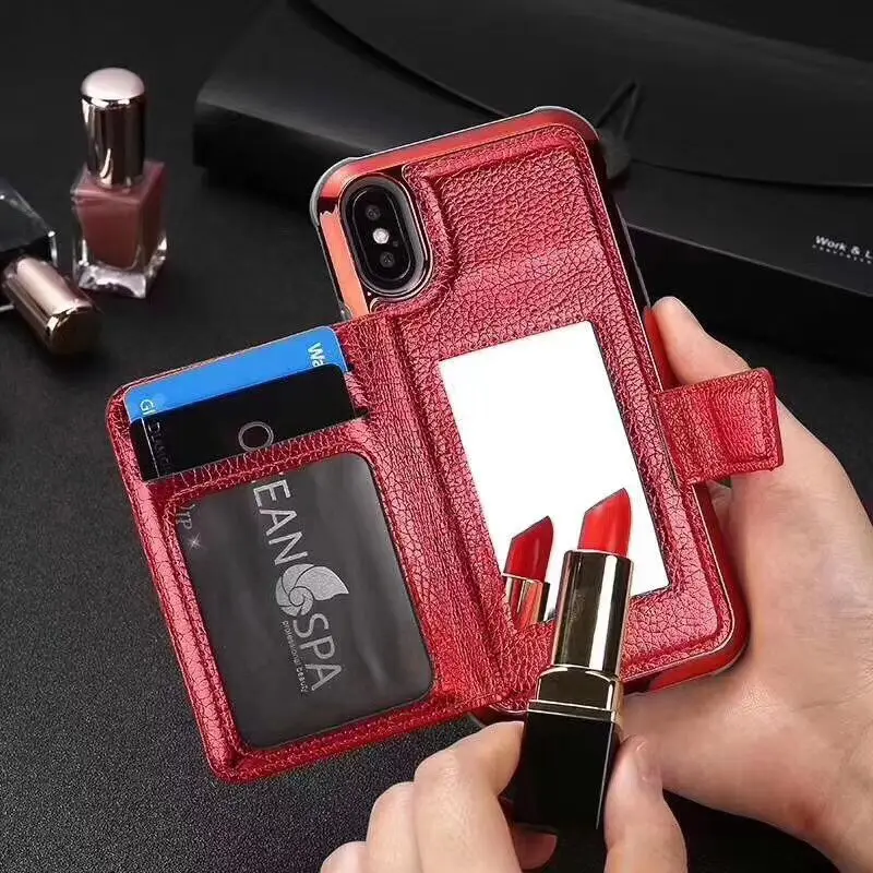 

Luxury makeup mirror card flip wallet phone case for iphone XS MAX cover for iphone X XR 6 6S 7 8 plus 7plus capa s10 Plus s10e