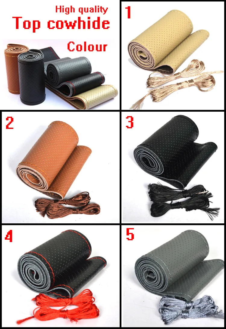 All Size 36-40cm Car Styling Genuine Leather Auto Car Steering Wheel Cover Cap Anti-slip Car Decoration With Needles and Thread ok-3