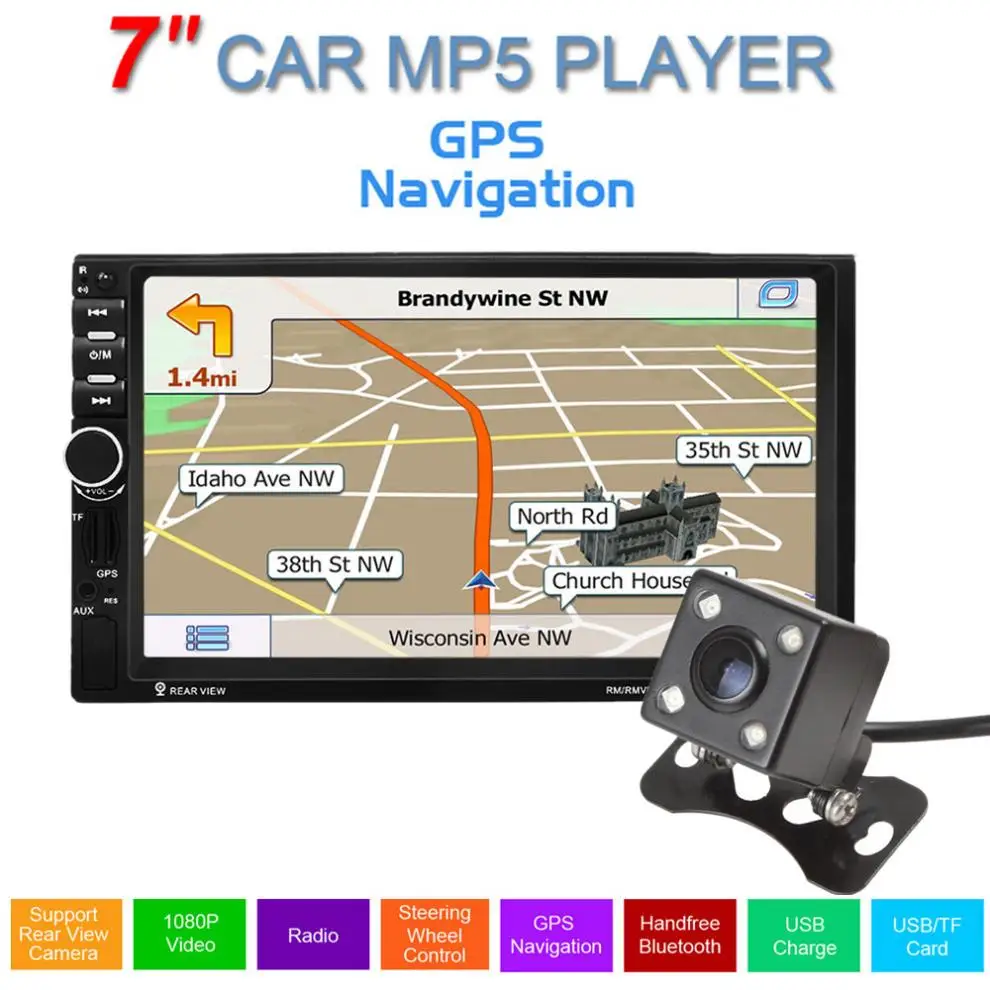 

REAKOSOUND GPS 7inch Touch Screen Support hands-free calls Car Stereo Radio MP5 FM Player + 420 TV Lines IR Camera