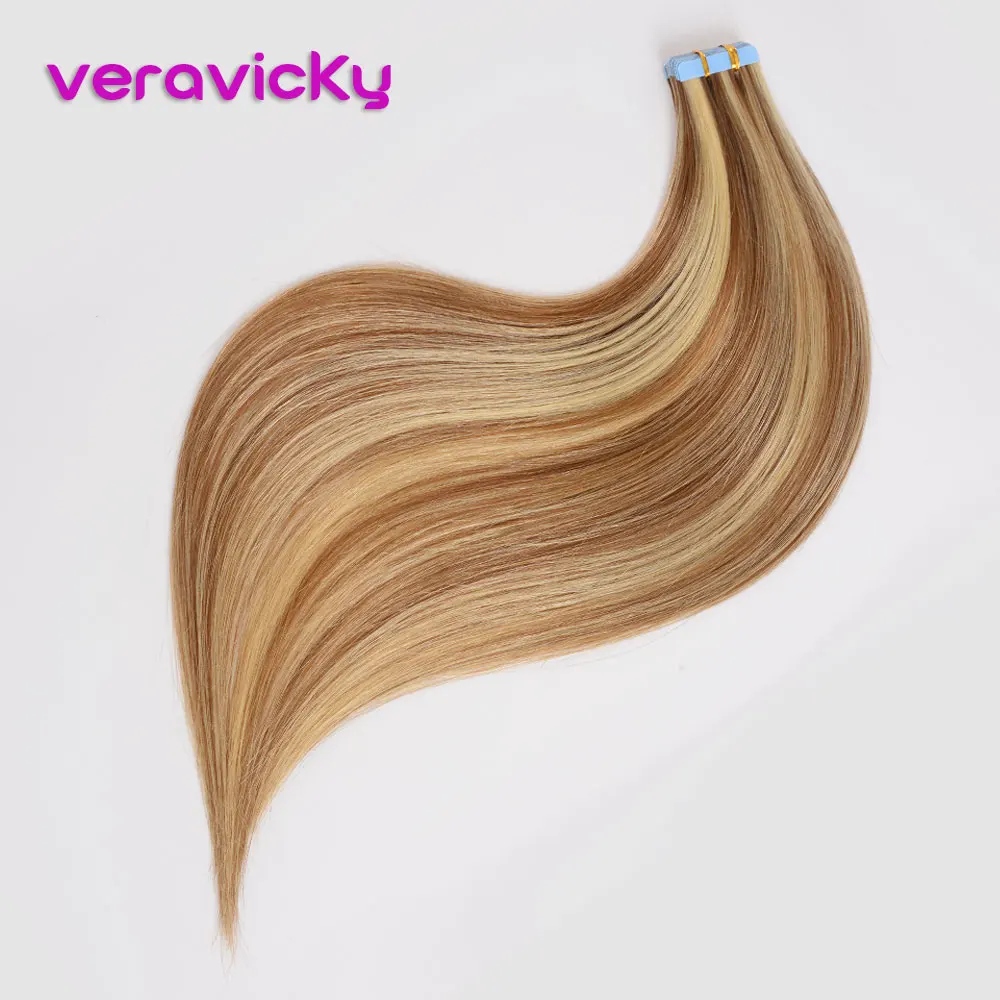 

veravicky Tape in Human Remy Hair Extensions European Straight Human Hair Extensions #P8/613 Piano Colors Blonde Skin Weft