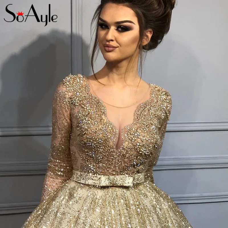 

SoAyle Sheer Ball Gown 2019 Prom Dresses Illusion Gold Lace Heavy Beading Evening Dresses Long Vestidos De Festa Graduate Dress