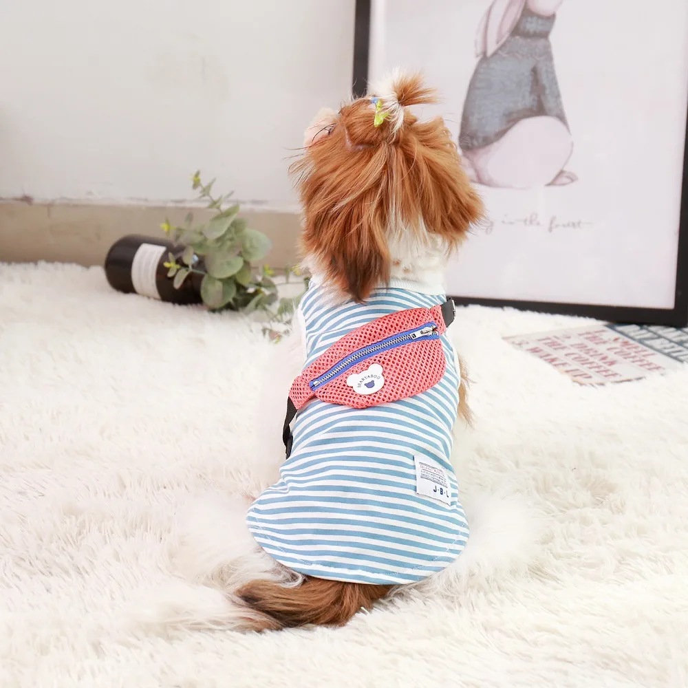 

2019 Creative Striped Dog Breathable Clothes Summer Puppy Vest Clothing with Bag Yorkie Plain Pet Cat Dog Chihuahua T Shirt
