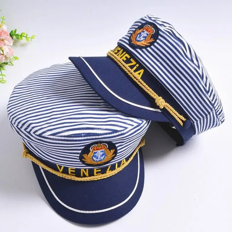 

free shipping Letter Navy Cap Blue Horizontal Stripes Men and Women Captain Hat Army Stage Parenting Venezia Style Sailor Hat