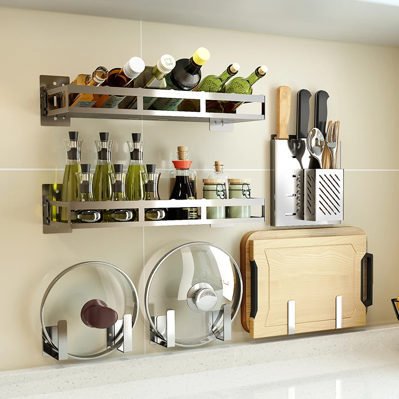

Kitchen Shelf SS#18/10 Seasoning Rack Wall-mounted Dish Storage Rack Space Saving Supplies