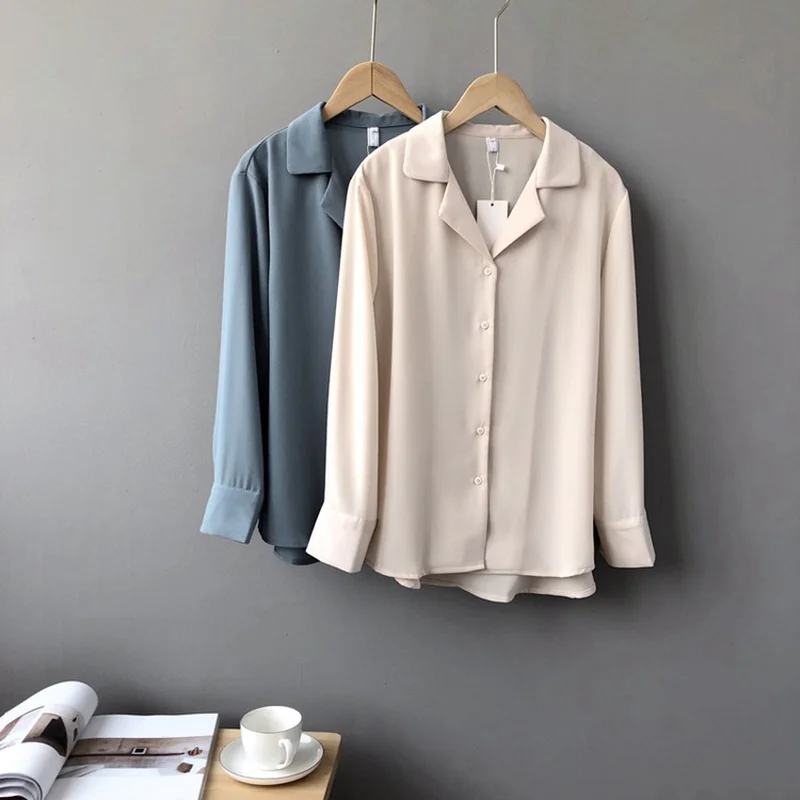 

Chiffon Shirt 2019 Autumn Women Casual All Match Basic Top Notched Collar Long Sleeve Solid Color Clothes Women Tops and Blouses