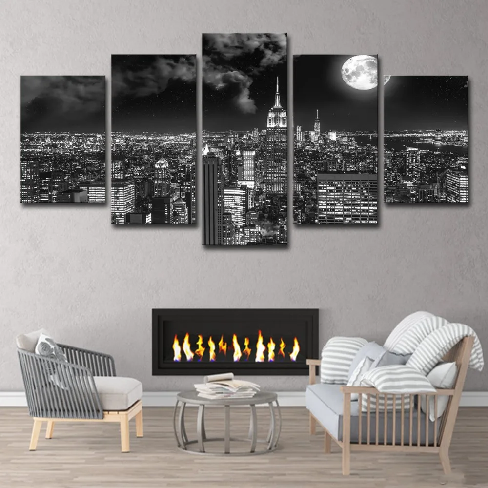 5P0175 Canvas Prints Poster Wall Art Pictures 5 Pieces Surreal City Night Brightly Moon Landscape Paintings Living Room Decor Framework  (13)