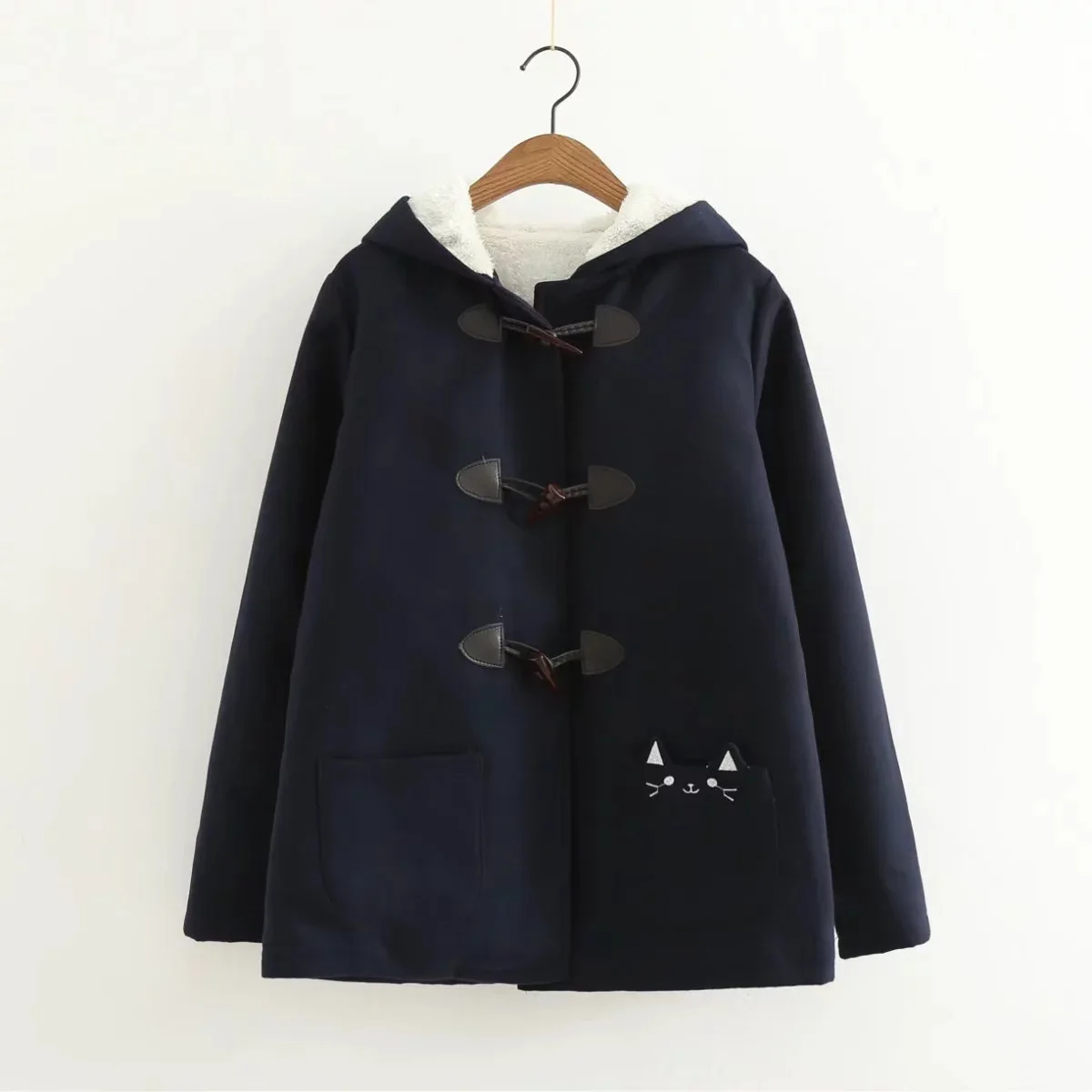 

Kawaii Embroidery Cat Smile Emoji Ear Hooded Padded Warm Thick Plush Woolen Coat Japan Korean Student Jacket Loose Outfit Jumper