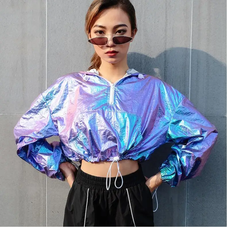 

Harajuku Casual Loose Hoodies Tshirt Women Long Sleeeve Crop Tops Tees Reflective Bright Tee Shirt Female Autumn 2018
