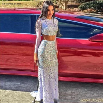 شراءVestidos ارغوس دي فييستا جديد س الرقبة الدانتيل كريستال كم طويل ابيض تألق 2 قطعة فساتين لحضور الحفلات الموسيقية الفاخرة مساء أثواب عالية