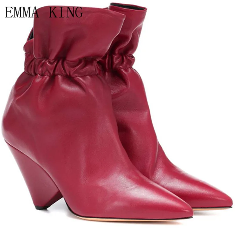 

Leather Boots Women Red Black Pleated Elastic With Pointed Toe Ankle Boots Strange Style Ladies Heel Shoes