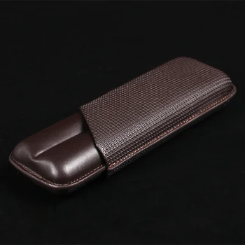 

High-end Excellent cowhide Leather Gridding style brown Portable Cigar Case Holder Travel 2 Tube W/ Gift Box