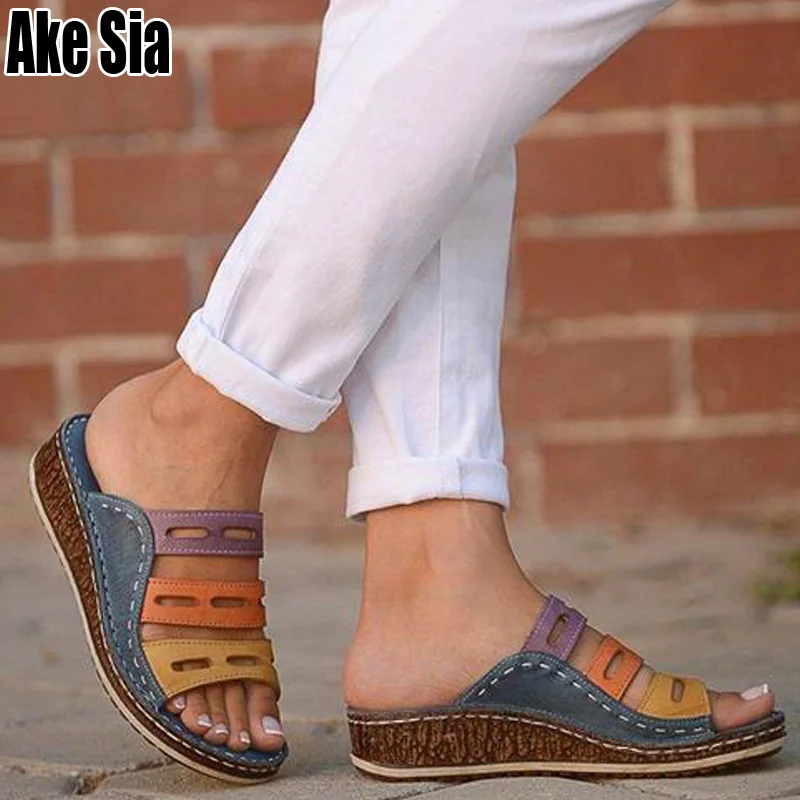 

Rome Summer Women Ladies Fashion Three-color matching Casual Low Wedge Heel Beach Open Toe Gladiator Sandals Slippers Shoes A880