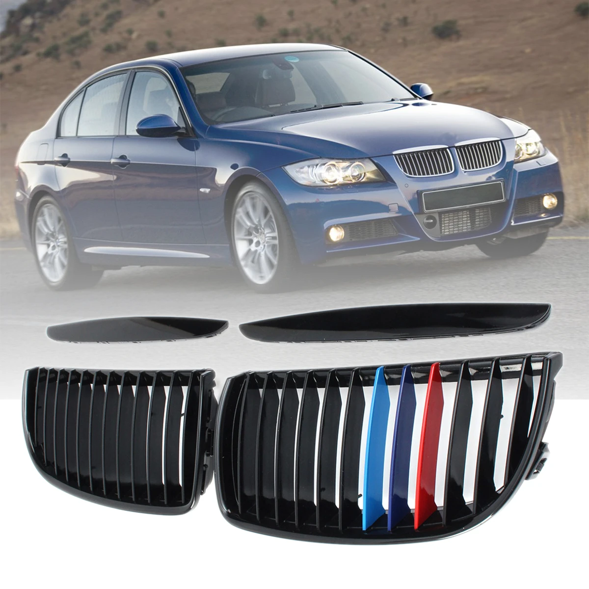 

For BMW E90 E91 Sedan Wagon 320i 323i 328i 335i 2005-2008 #IGT145967 Pair ABS Gloss Black M-Color Bumper Kidney Grille Grill
