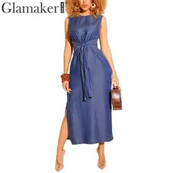 Glamaker винтажное свободное женское платье большого размера джинсовое хлопковое уютное летнее платье 2019 Ретро длинное платье без рукавов