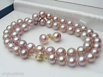 

Free shipping@@@@@ 8-9 mm Genuine Purple Pearl Yellow Clasp Stud Earrings Necklace Set