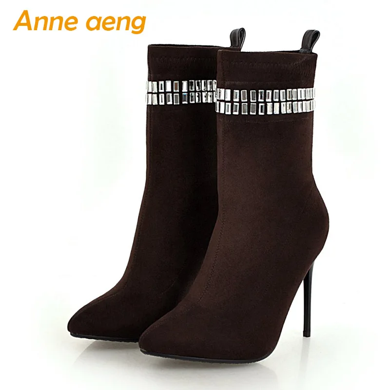 

New Spring/Autumn Women Ankle Boots High Heel Pointed Toe Metal Decoration Sexy Ladies Women Shoes Sock Boots Big Size 33-46