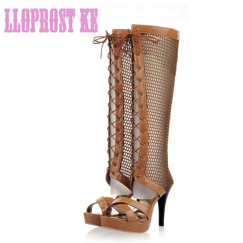 

Lloprost Ke New Summer Knee High women Boots Women Thin Heels Lace-up Round Toe Female Sexy Roman network boots Size 34-43 LQ070