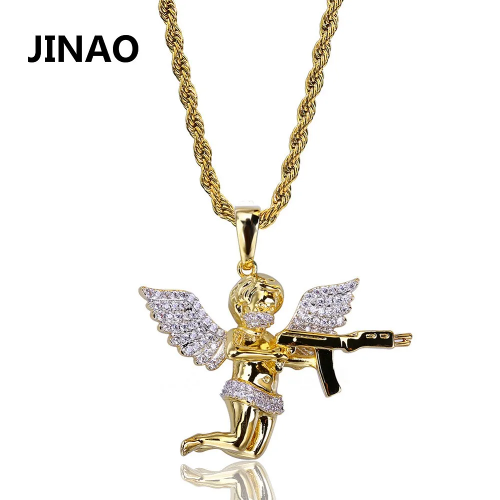 Tanie JINAO Hip Hop miedzi kolor złoty galwanicznie Iced Out Micro Pave CZ kamień anioł skrzydło z pełnym wisiorek naszyjnik dla mężczyźni kobiety