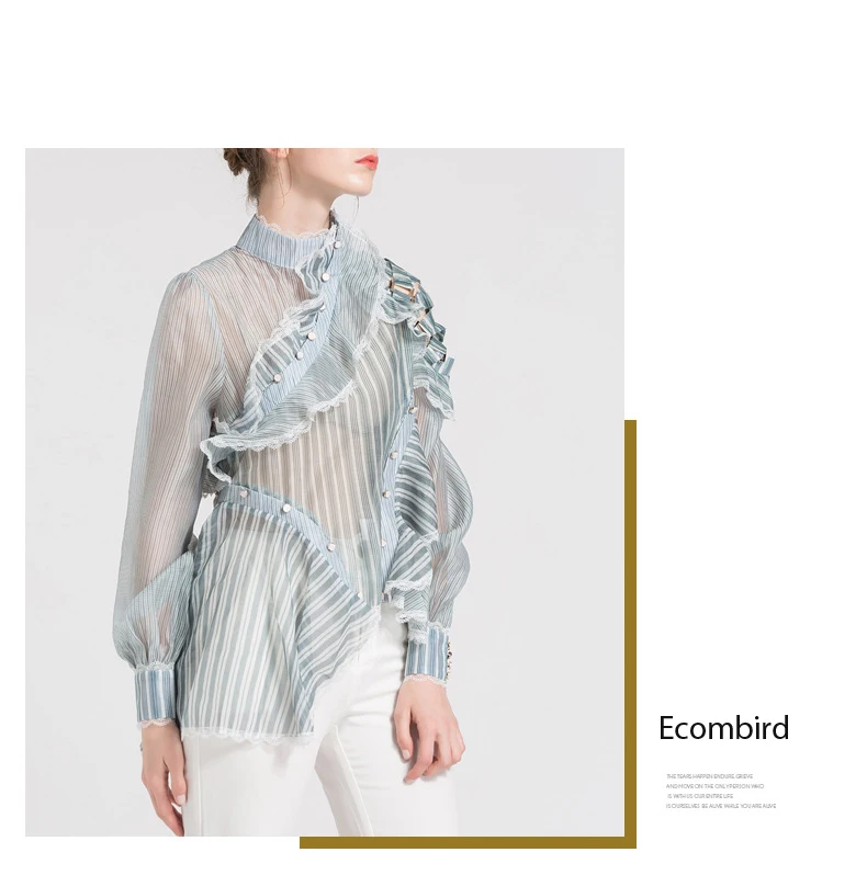 Women Blouses Shirts Ecombird New Arrival Long Sleeve Ladies Shirt Perspective Irregular Ruffles Button Woman Fashion Tops 2018 Blouses