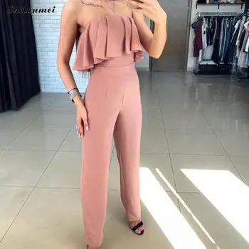

Spaghetti Strap Jumpsuits Summer Overall Backless Beach Womens Ruffle Sheath Sexy Womens Female Slash Neck Solid Long Jumpsuit