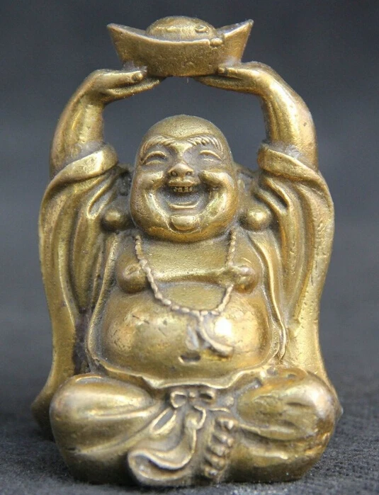 

70mm Chinese Buddhism Brass Seat Happy Laugh Maitreya Buddha Hold YuanBao Statue