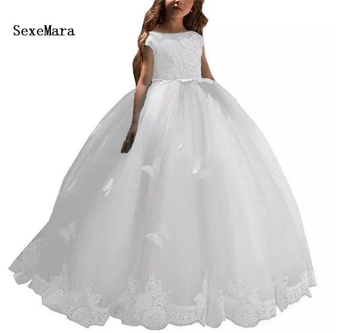 Милое Белое Бальное Платье с цветочным узором для девочек, кружевное платье с аппликацией, рукав-крылышко, открытая спина, платье для