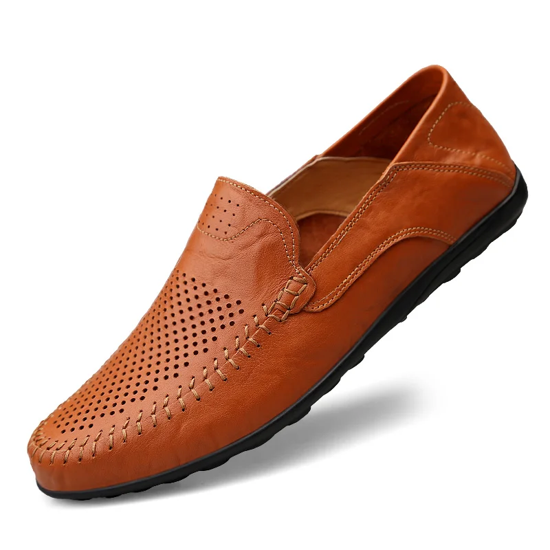Мужская повседневная обувь из натуральной кожи; люксовый бренд; коллекция года; мужские лоферы; мокасины; дышащая обувь без шнуровки; Цвет Черный; обувь для вождения; большие размеры 37-47 - Цвет: Hollow out red brown